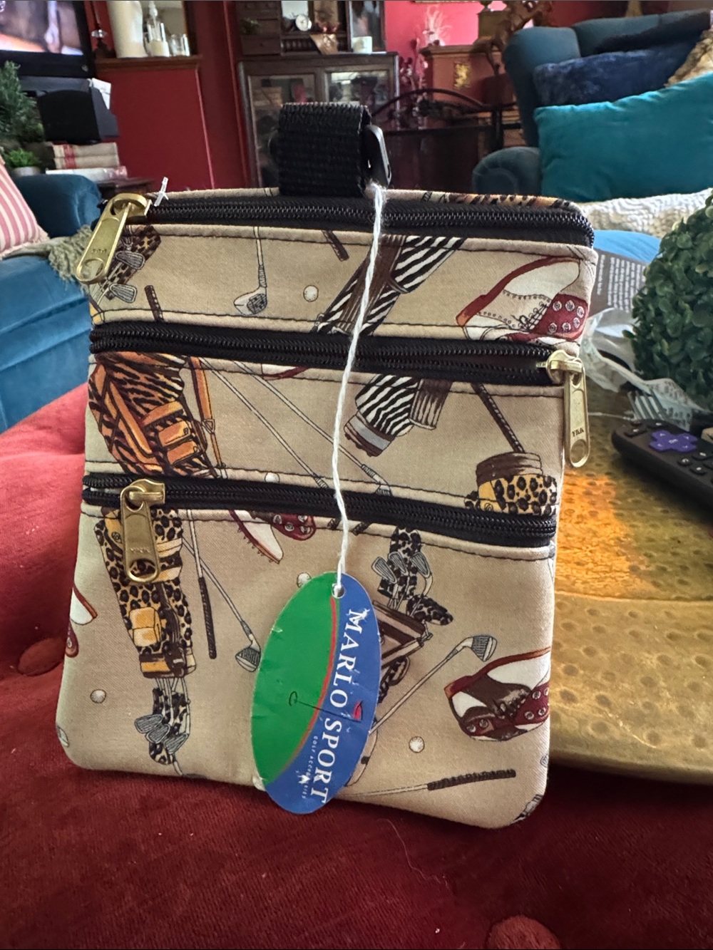 Beige Printed Multi-Zip Wristlet Clutch